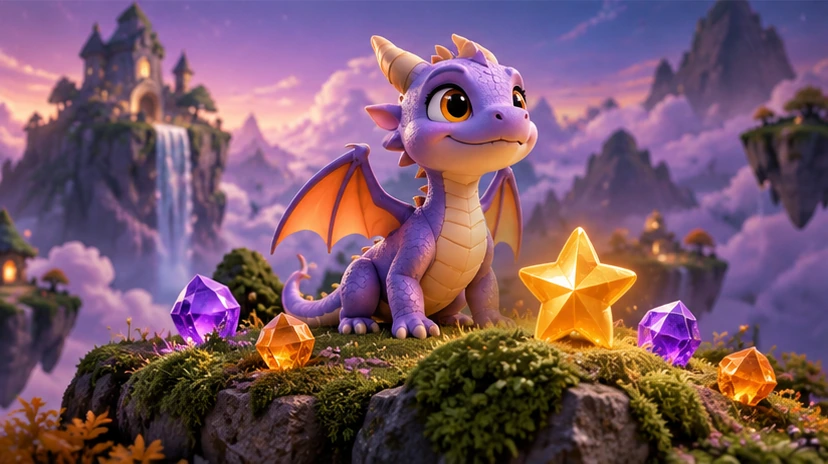 An original purple dragon beside a glowing golden star and colorful gems in a magical game world.