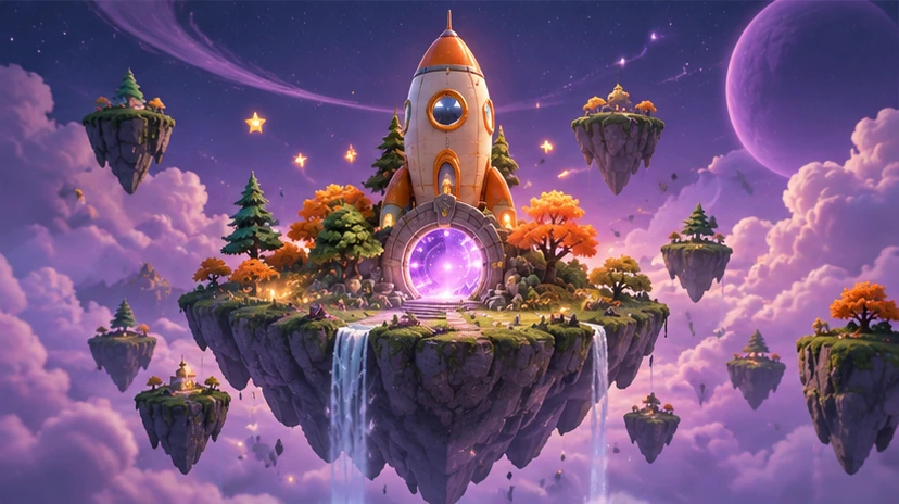 An original floating fantasy island with a glowing portal and an orange rocket-shaped tower.